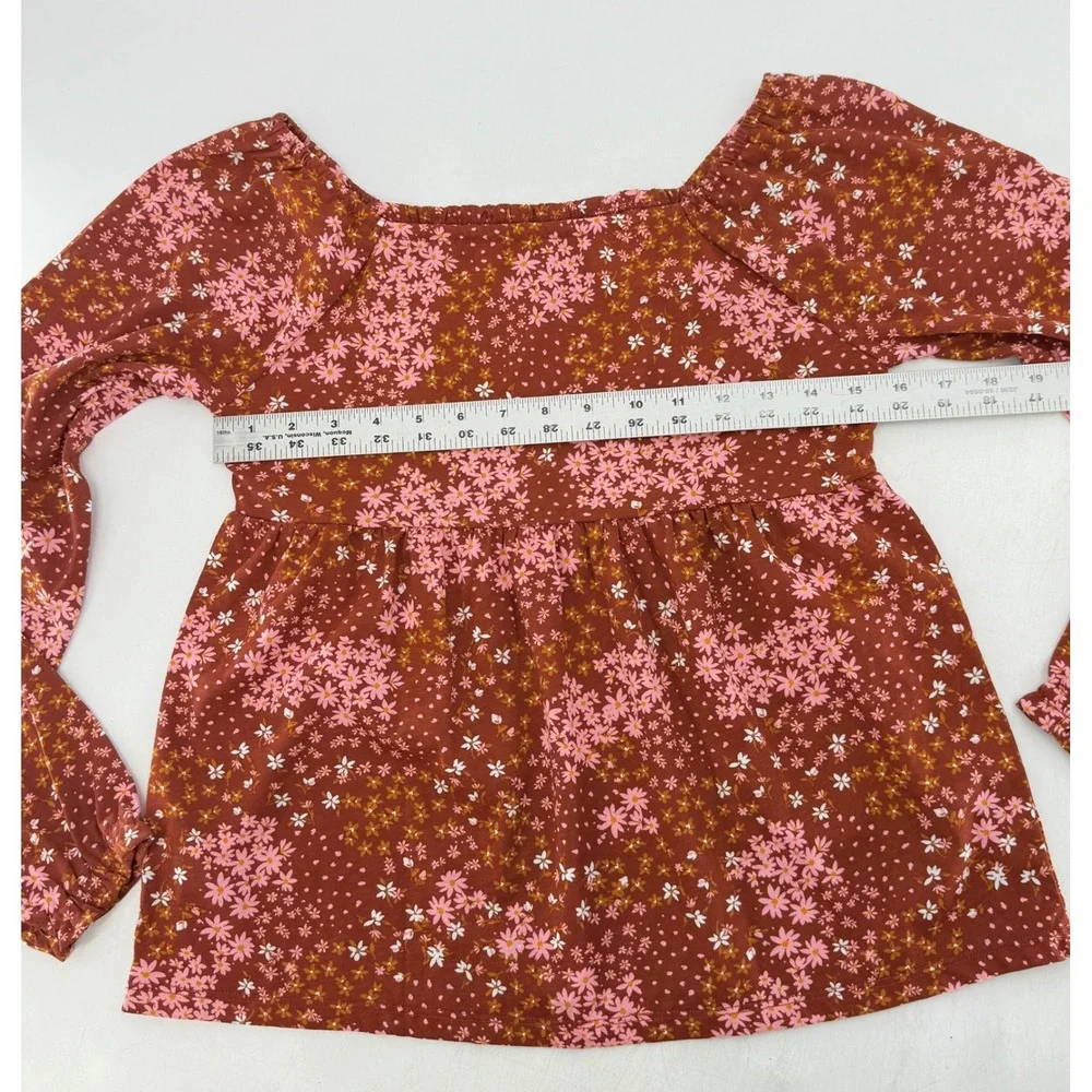 Children's Place Girls Brown Floral Smocked Square Neck Long Slv‎ Peasant Top XL